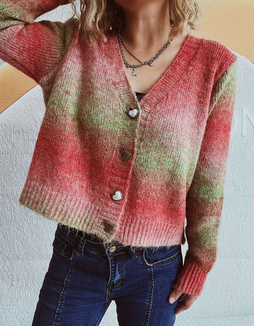 Load image into Gallery viewer, Gradient Heart Shape Button V-Neck Cardigan
