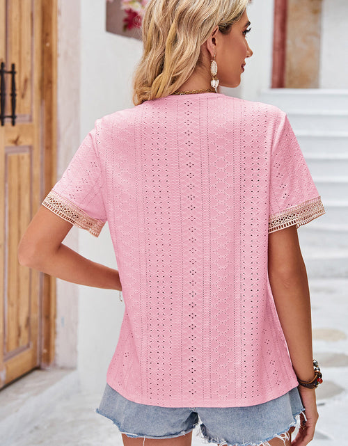 Load image into Gallery viewer, Eyelet V-Neck Short Sleeve T-Shirt
