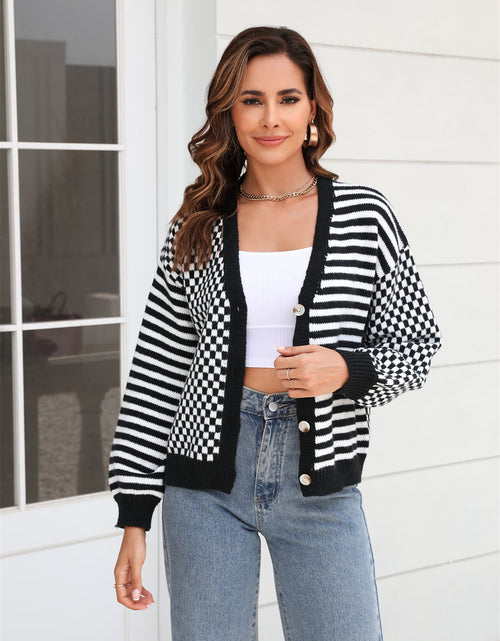 Load image into Gallery viewer, Angel Wings Button-Down Stripe &amp; Plaid Contrast Pattern Cardigan
