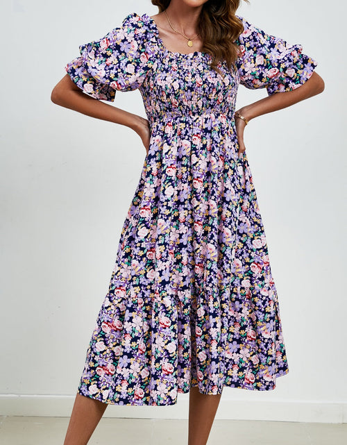 Load image into Gallery viewer, Smocked Floral Square Neck Short Sleeve Dress
