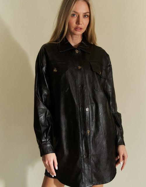 Load image into Gallery viewer, Davi &amp; Dani Faux Leather Button Up Jacket with Chest Pockets
