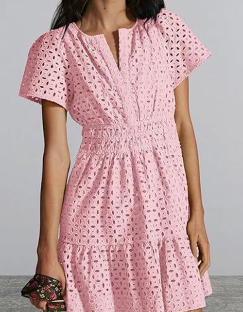 Load image into Gallery viewer, Eyelet Notched Short Sleeve Mini Dress
