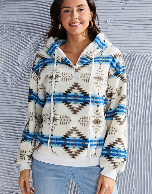 Load image into Gallery viewer, Shiny Geometric Half Zip Drawstring Long Sleeve Hoodie
