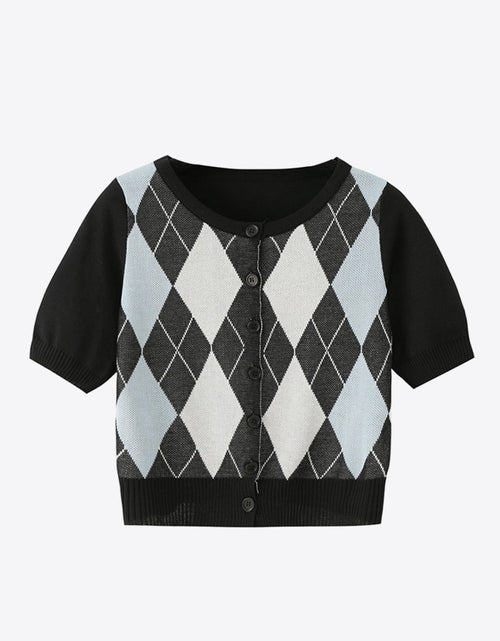 Load image into Gallery viewer, Argyle Round Neck Ribbed Trim Cardigan
