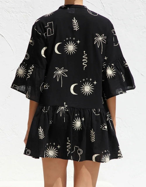 Load image into Gallery viewer, Ruched Printed Three-Quarter Sleeve Mini Dress
