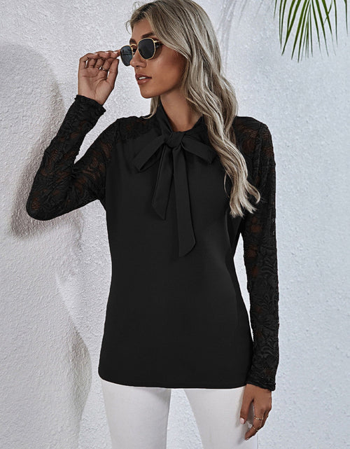 Load image into Gallery viewer, Tie Neck Spliced Lace Long Sleeve Top
