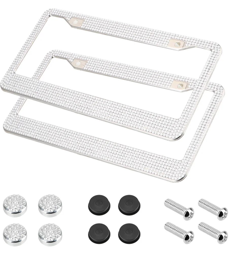 2PCS Bling License Plate Frame Glitter Crystal Sparkling Rhinestone Diamond Caps