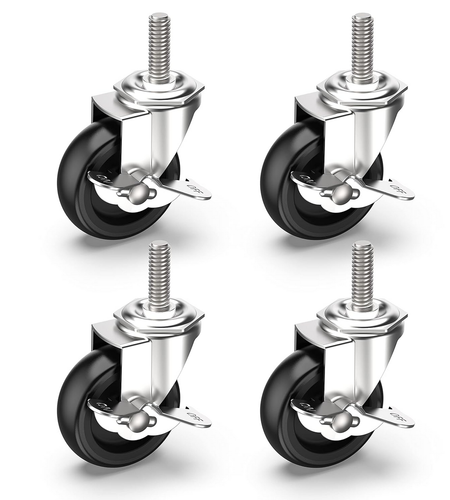 4x 3 Inch Rubber Casters Heavy Duty Safety Brake Wheels For Wire Shelving Rack