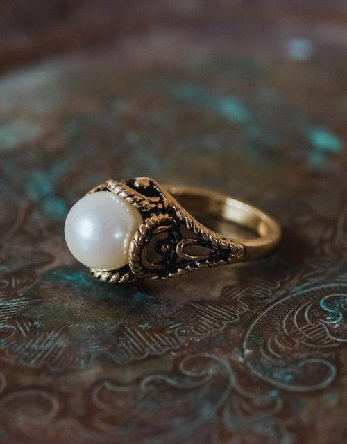 Load image into Gallery viewer, Vintage 1970's Pearl Bead Ring Antiqued 18k Gold Electroplated Made in USA by PVD Vintage Jewelry
