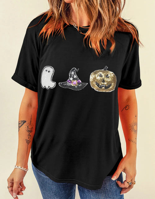 Load image into Gallery viewer, Sequin Round Neck Short Sleeve T-Shirt
