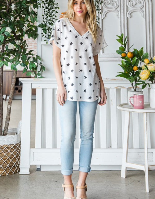 Load image into Gallery viewer, Heimish Full Size Star Print Short Sleeve V-Neck Waffle Knit T-Shirt
