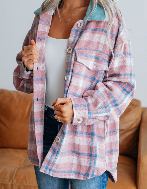 Load image into Gallery viewer, Plaid Collared Neck Flap Pockets Shacket

