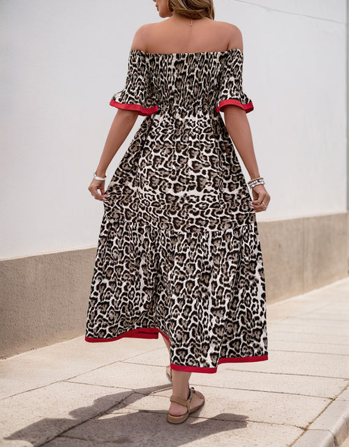 Load image into Gallery viewer, Perfee Leopard Off-Shoulder Flounce Sleeve Midi Dress
