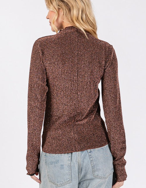 Load image into Gallery viewer, SAGE + FIG Glitter Mock Neck Lettuce Hem Long Sleeve Top
