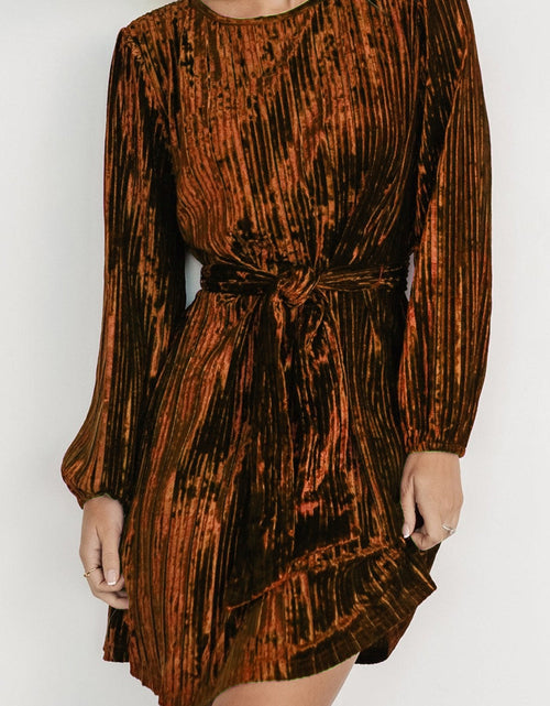 Load image into Gallery viewer, Velvet Round Neck Tie Waist Long Sleeve Mini Dress
