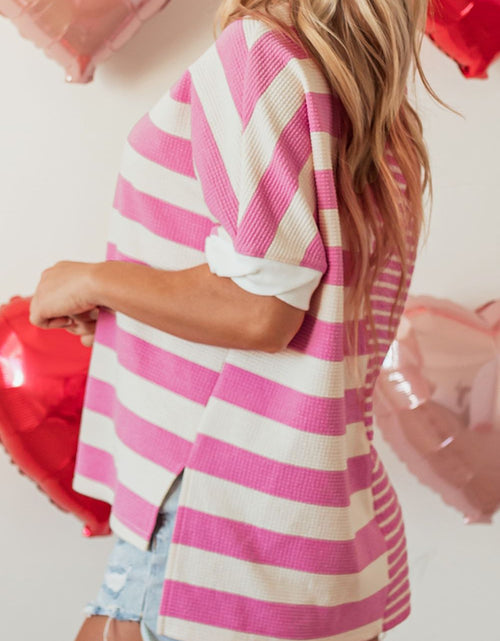 Load image into Gallery viewer, High-Low Striped Round Neck Short Sleeve T-Shirt
