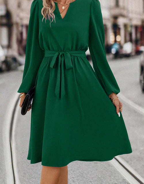 Load image into Gallery viewer, Tie Waist Notched Neck Long Sleeve Dress
