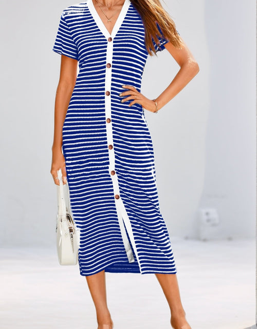 Load image into Gallery viewer, Contrast Striped V-Neck Short Sleeve Midi Dress
