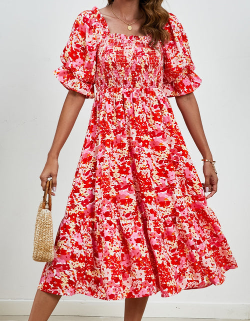 Load image into Gallery viewer, Smocked Floral Square Neck Short Sleeve Dress
