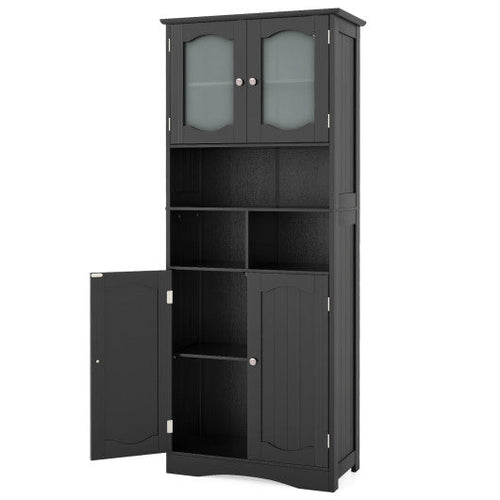 Load image into Gallery viewer, 58.5 Inch Freestanding Linen Bathroom Storage Cabinet with Frost Glass Doors-Black
