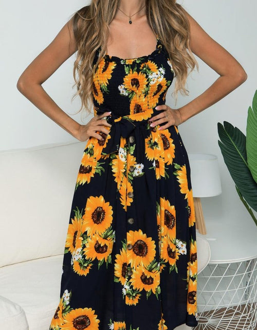 Load image into Gallery viewer, Smocked Sunflower Printed Sleeveless Cami Dress
