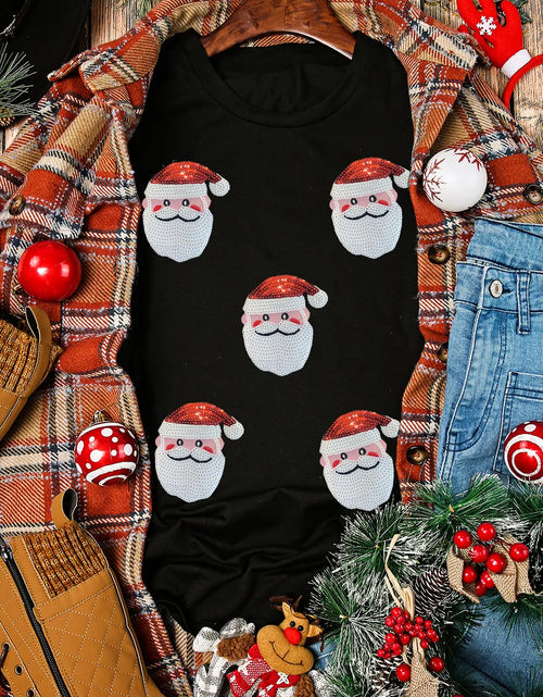 Load image into Gallery viewer, Sequin Santa Round Neck Short Sleeve T-Shirt
