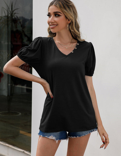 Load image into Gallery viewer, Ivy Lane V-Neck Decorative Buttons Puff Sleeve Tee
