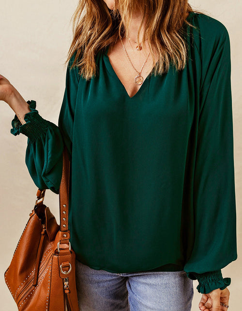 Load image into Gallery viewer, Notched Neck Lantern Sleeve Blouse
