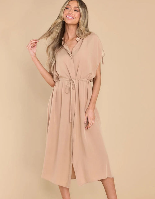 Load image into Gallery viewer, Drawstring Collared Neck Short Sleeve Midi Dress
