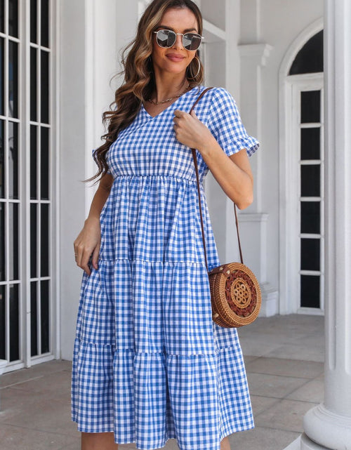 Load image into Gallery viewer, Plaid V-Neck Short Sleeve Midi Dress
