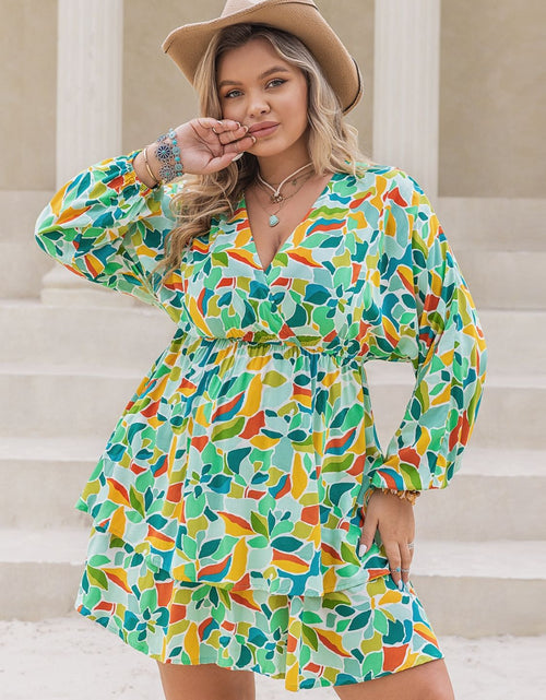 Load image into Gallery viewer, Plus Size Printed Surplice Long Sleeve Mini Dress
