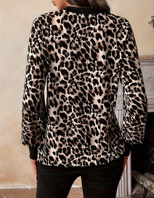 Load image into Gallery viewer, Decorative Button Leopard V-Neck Long Sleeve T-Shirt
