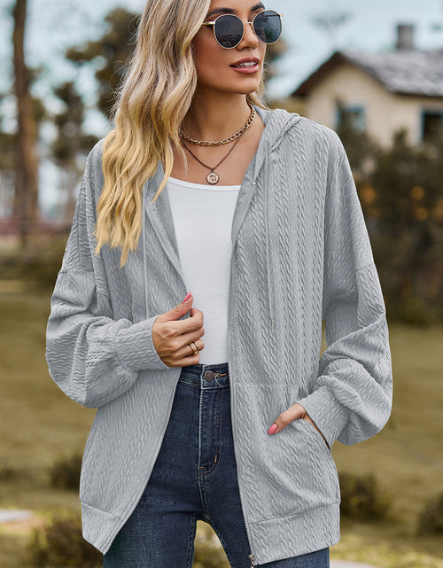 Load image into Gallery viewer, Drawstring Zip Up Dropped Shoulder Hoodie
