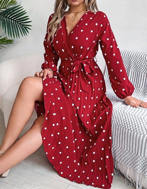 Load image into Gallery viewer, Tied Polka Dot Long Sleeve Midi Dress
