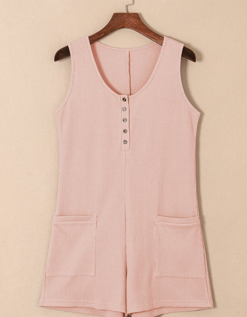 Load image into Gallery viewer, Waffle-Knit Half Button Sleeveless Romper with Pockets
