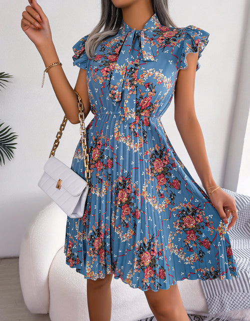Load image into Gallery viewer, Pleated Floral Printed Tie Neck Knee Length Dress
