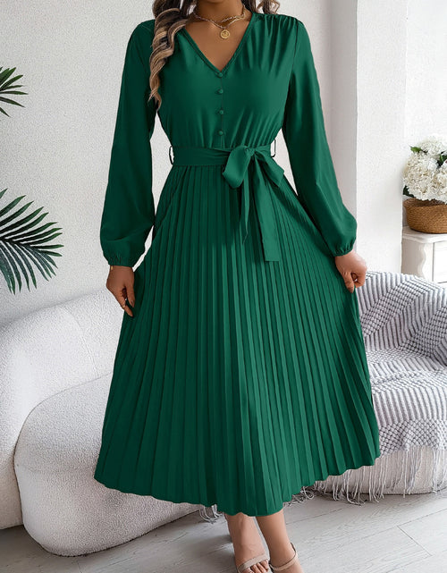 Load image into Gallery viewer, Pleated Tied V-Neck Long Sleeve Dress

