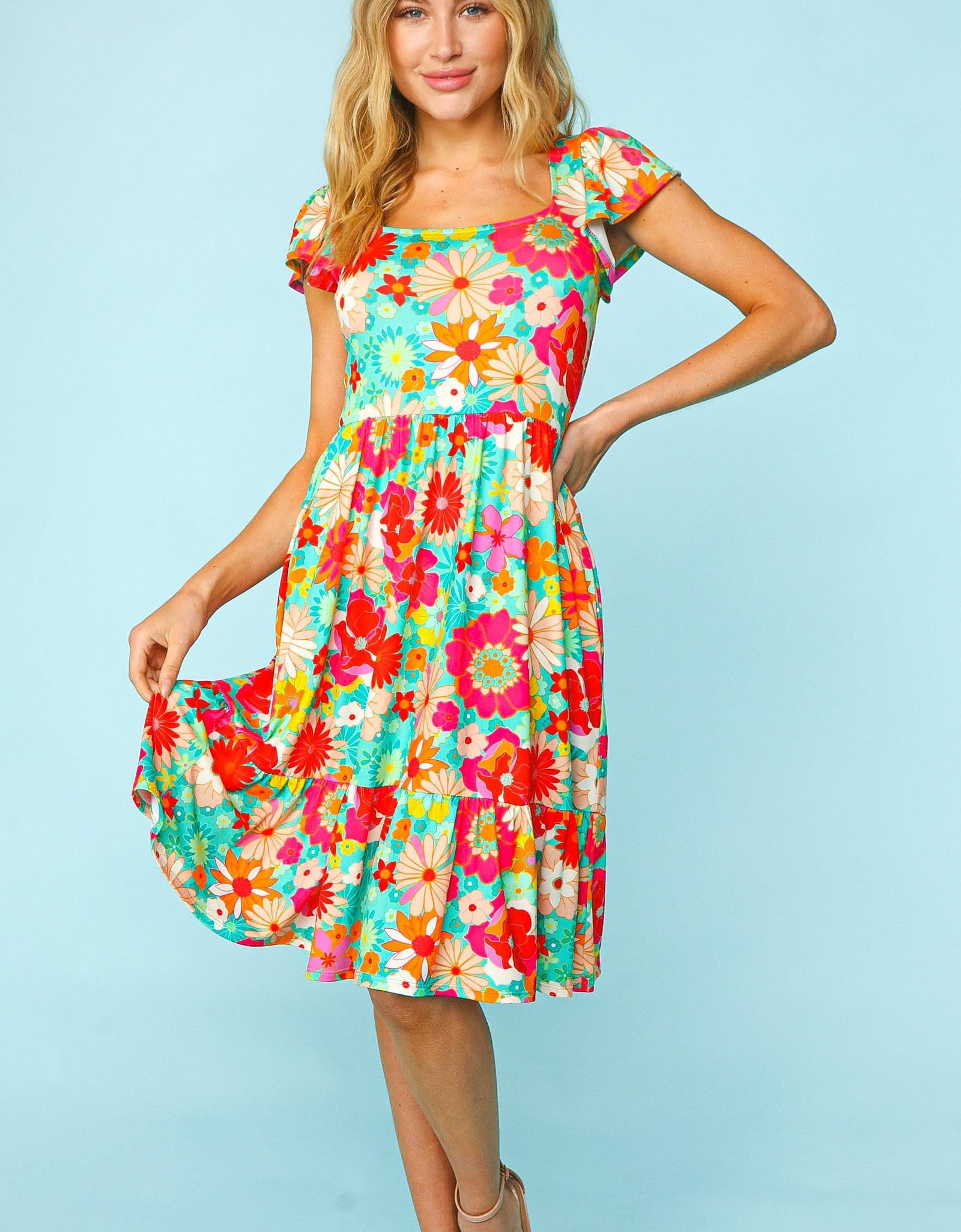 Haptics Floral Square Neck Short Sleeve Dress