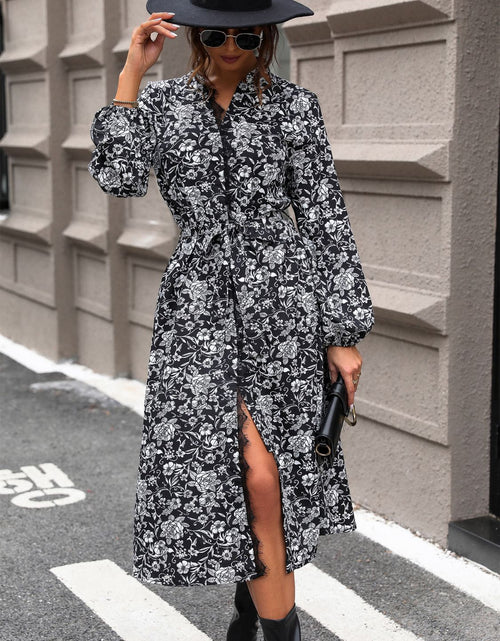 Load image into Gallery viewer, Perfee Lace Detail Printed Long Sleeve Midi Dress
