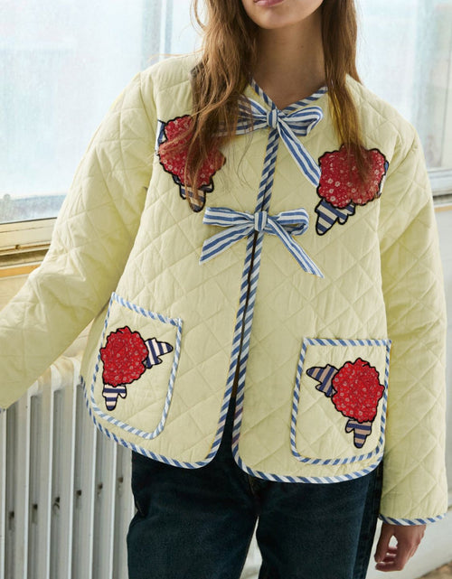 Load image into Gallery viewer, Embroidered Flower Tied Long Sleeve Winter Coat
