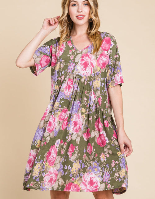 Load image into Gallery viewer, BOMBOM Flower Print V-Neck Ruched Dress
