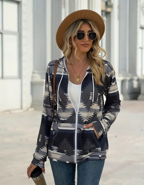 Load image into Gallery viewer, Geometric Zip Up Long Sleeve Hooded Jacket
