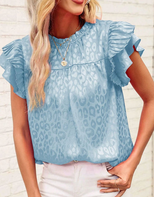 Load image into Gallery viewer, Leopard Frill Mock Neck Ruffled Cap Sleeve Top
