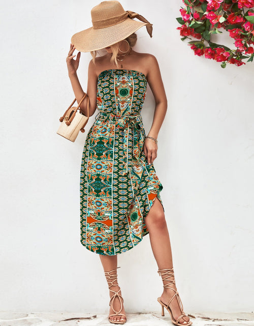 Load image into Gallery viewer, Printed Strapless Tie Belt Dress
