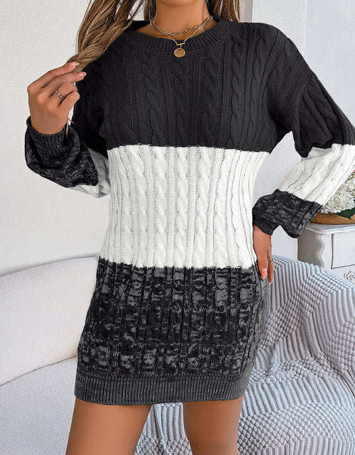 Load image into Gallery viewer, Cable-Knit Round Neck Color Block Sweater Dress
