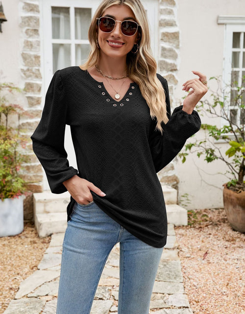 Load image into Gallery viewer, Eyelet Notched Neck Balloon Sleeve Blouse
