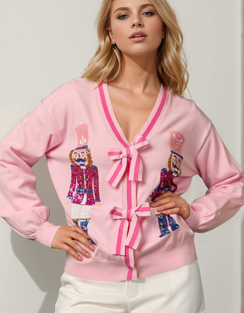 Load image into Gallery viewer, Double Take Full Size Nutcracker Sequin Bow Decor Cardigan
