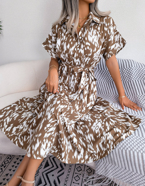 Load image into Gallery viewer, Printed Collared Neck Short Sleeve Tie Waist Dress
