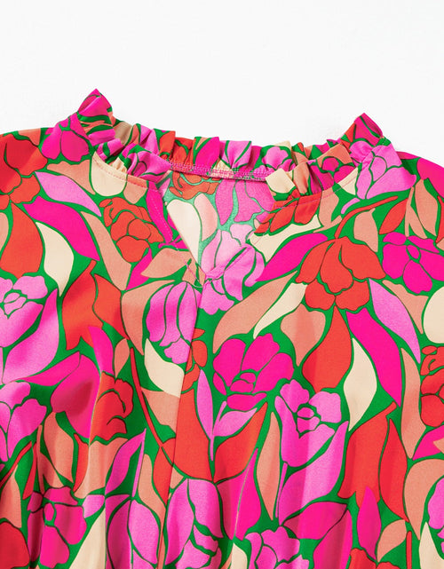 Load image into Gallery viewer, Frill Printed Notched Short Sleeve Midi Dress
