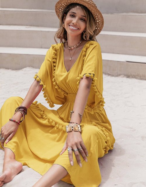 Load image into Gallery viewer, Tassel Trim Smocked V-Neck Short Sleeve Dress
